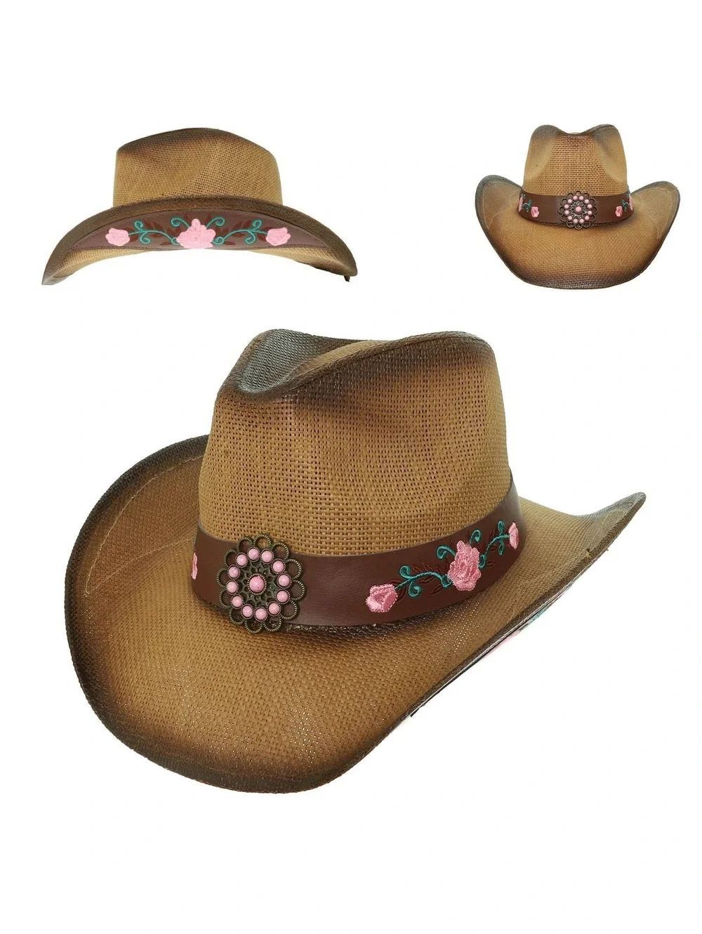 Western Straw Woven Cowboy Hat with Pink Floral - Picture 2 of 6